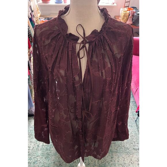 Dorothee Schumacher Burgundy Silk Lace Sheer Romance Tie Neck Blouse Top 4 $800 - Picture 7 of 16